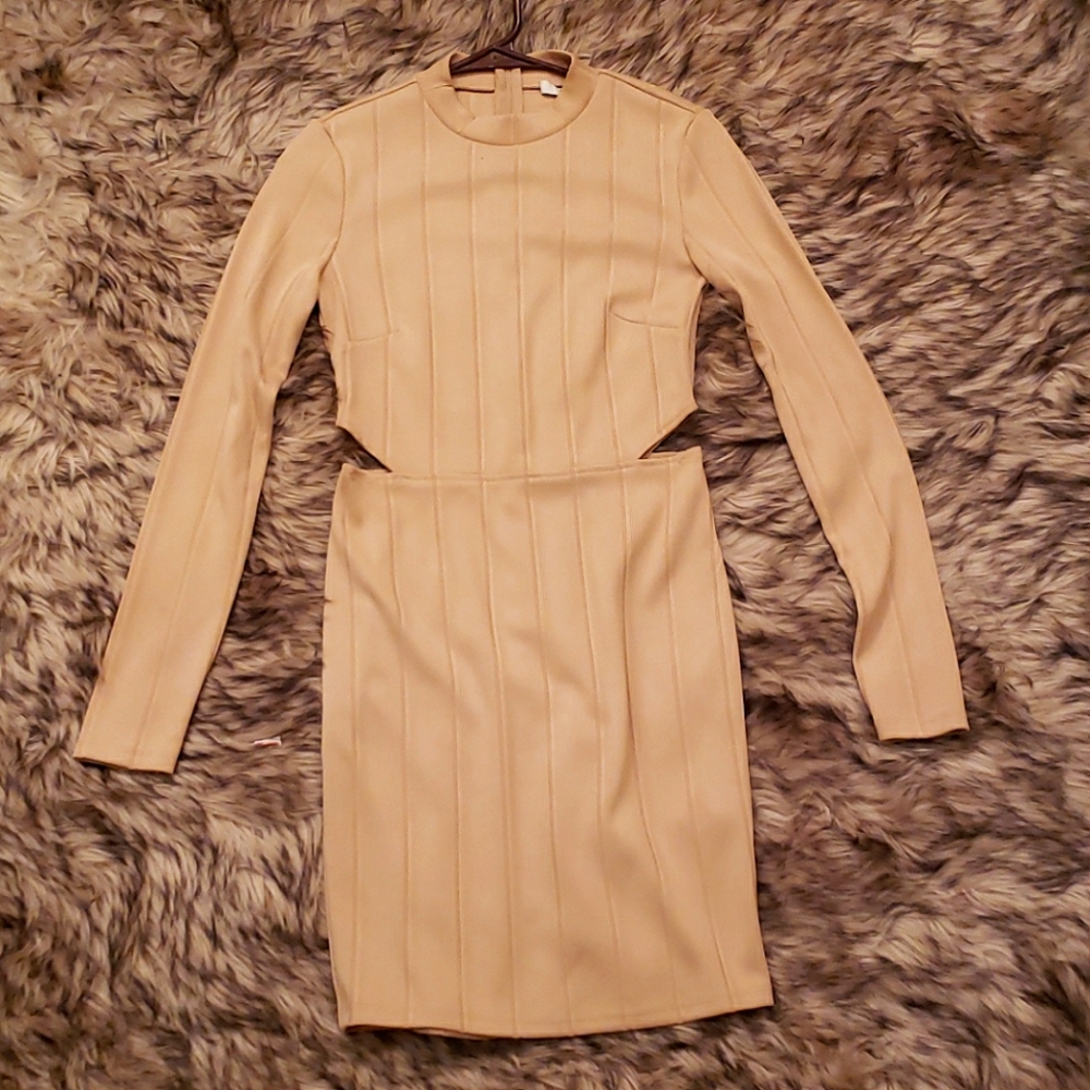 Tan dress, side cutouts, Medium, mini